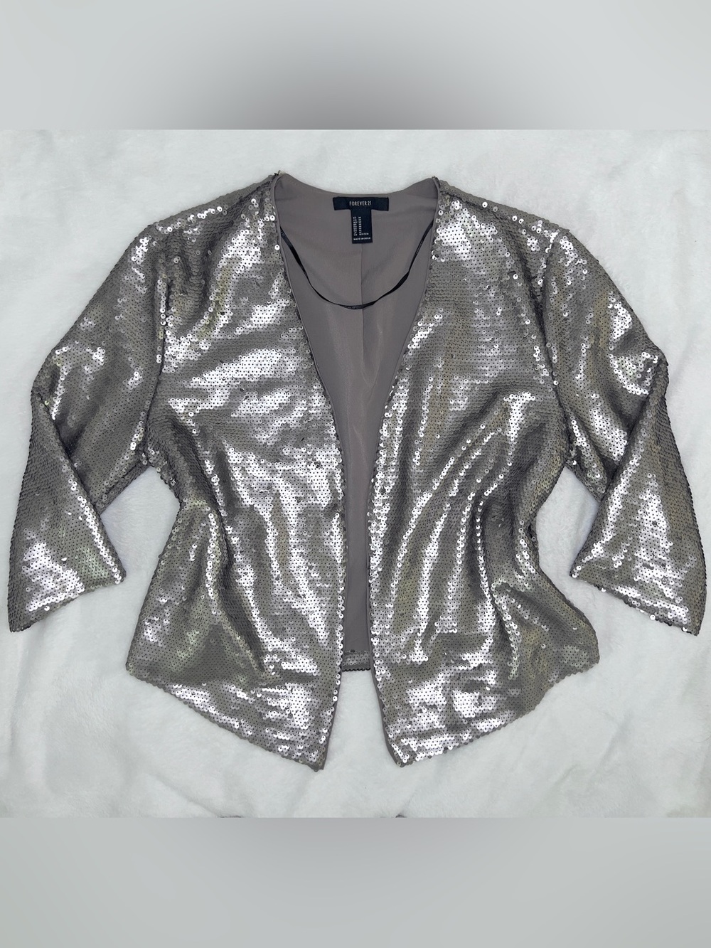 Forever 21 Y2K Silver Sequin Blazer - Women's Open-Front Sparkle Disco Jacket